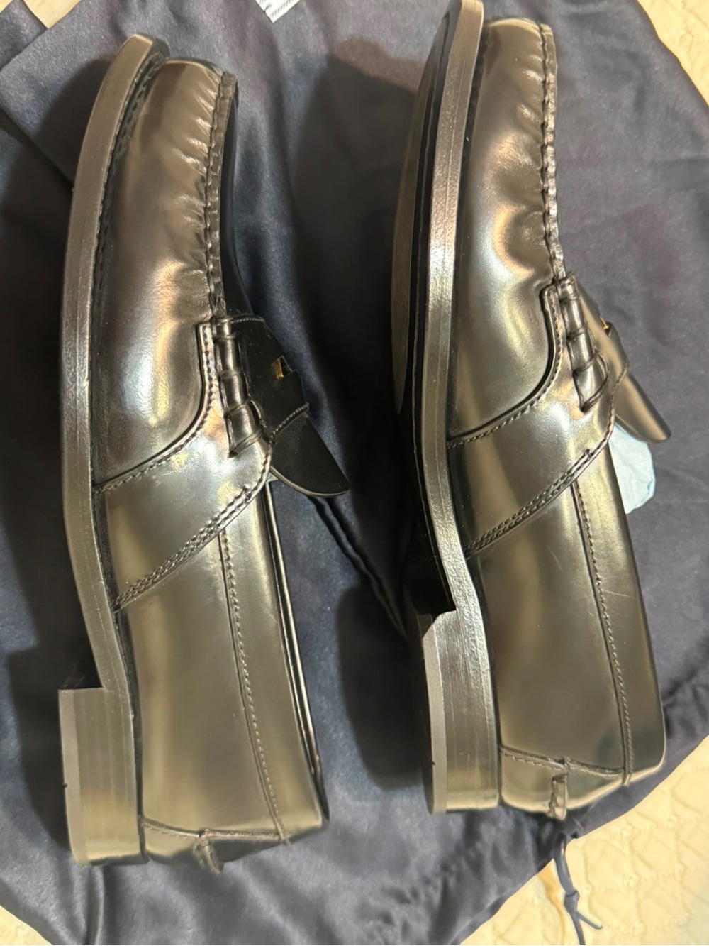 Prada Black Leather Penny Loafers with Gold Logo Hardware - Picture 4 of 12